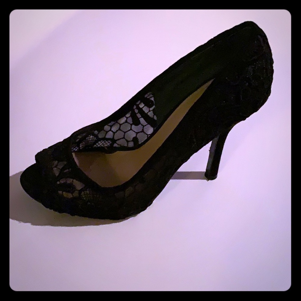 Pair Nine West Black Lace Peep-Toe Heels, SIZE 7